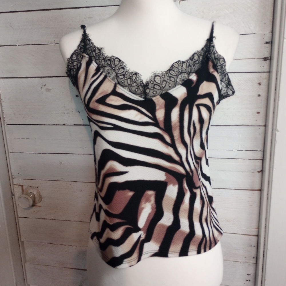 Vibe Sportswear Zebra Print Lace Trim Cami Tank Top Women's Small Y2K